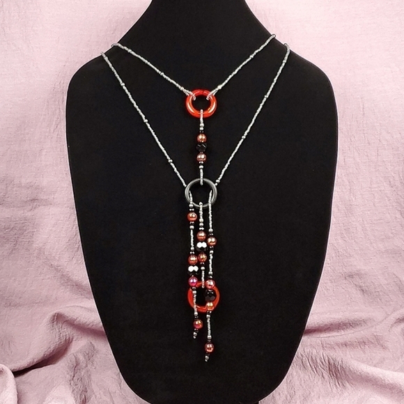 Beaded Lariat Necklace Red and Gray Beaded Choker Necklace Beaded Long Necklace - Picture 5 of 10